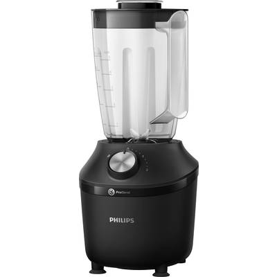 A black Philips hand blender with measurement scale on the container and a rotary dial for different speed settings.