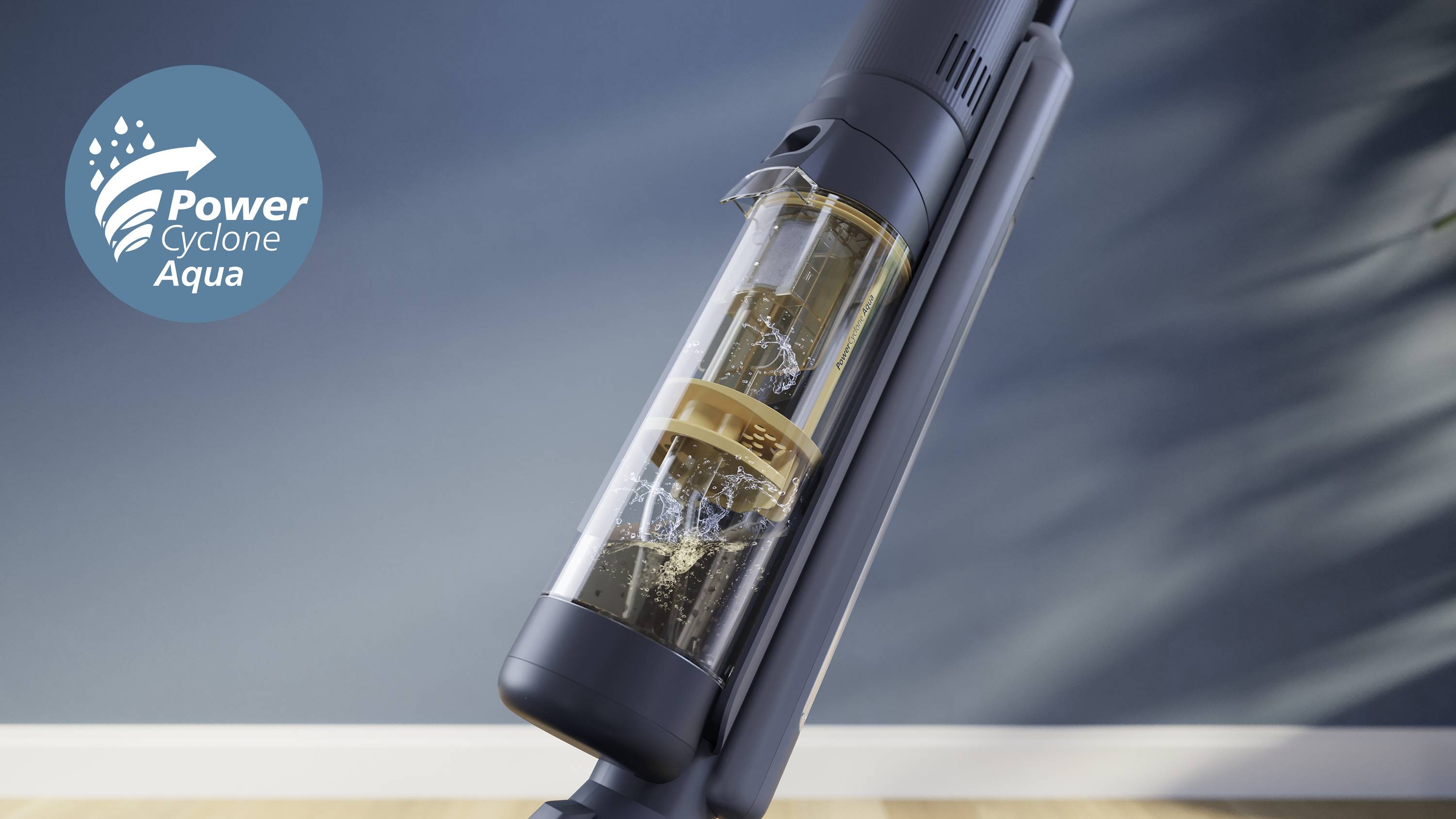 Cordless upright vacuum cleaner in a room. Visible transparent container with dirt and water. 'Power Cyclone Aqua' logo top left.