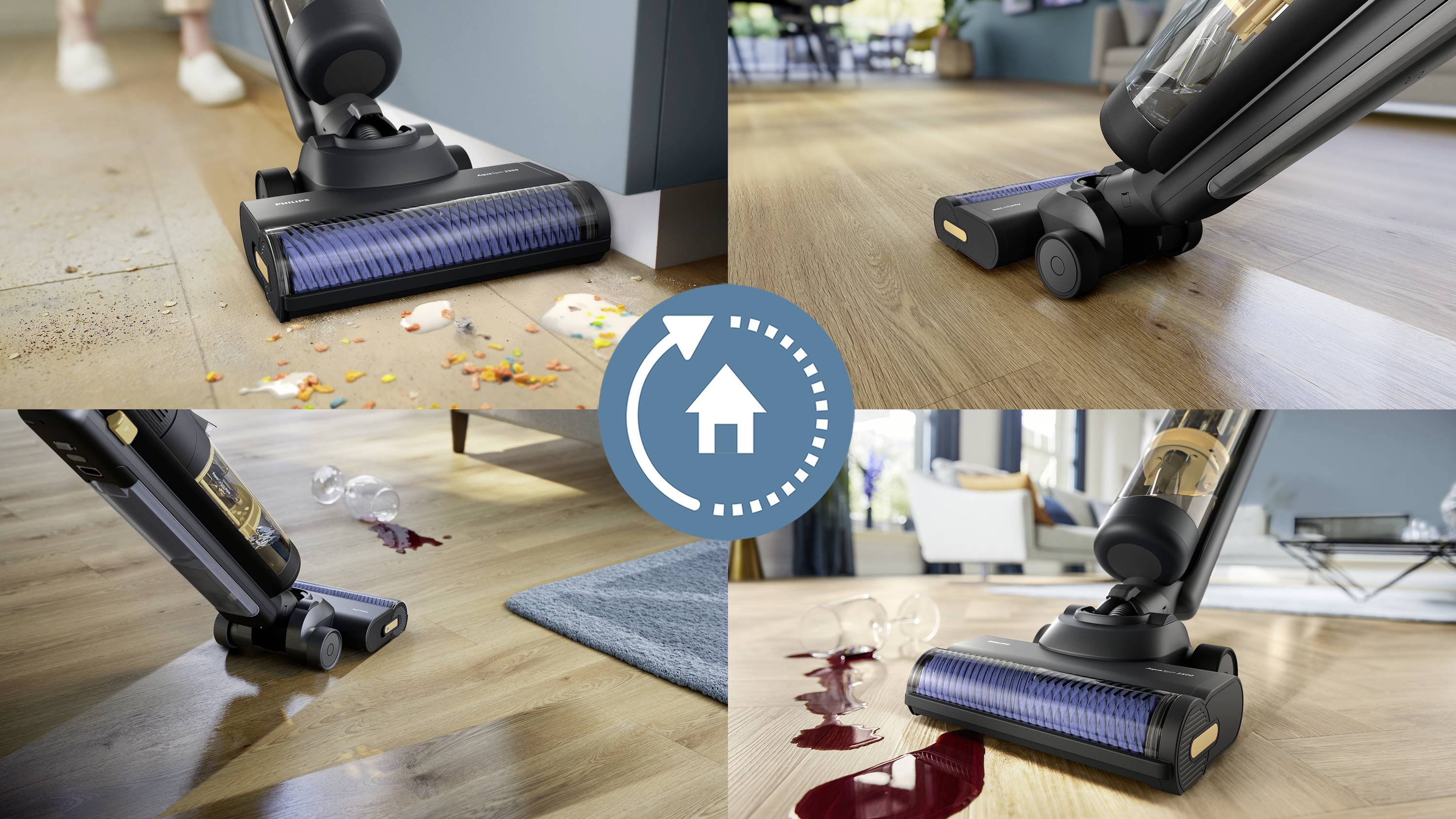 The vacuum cleaner sucks up various types of dirt on wooden floors: food crumbs, dirt particles, spilt wine.