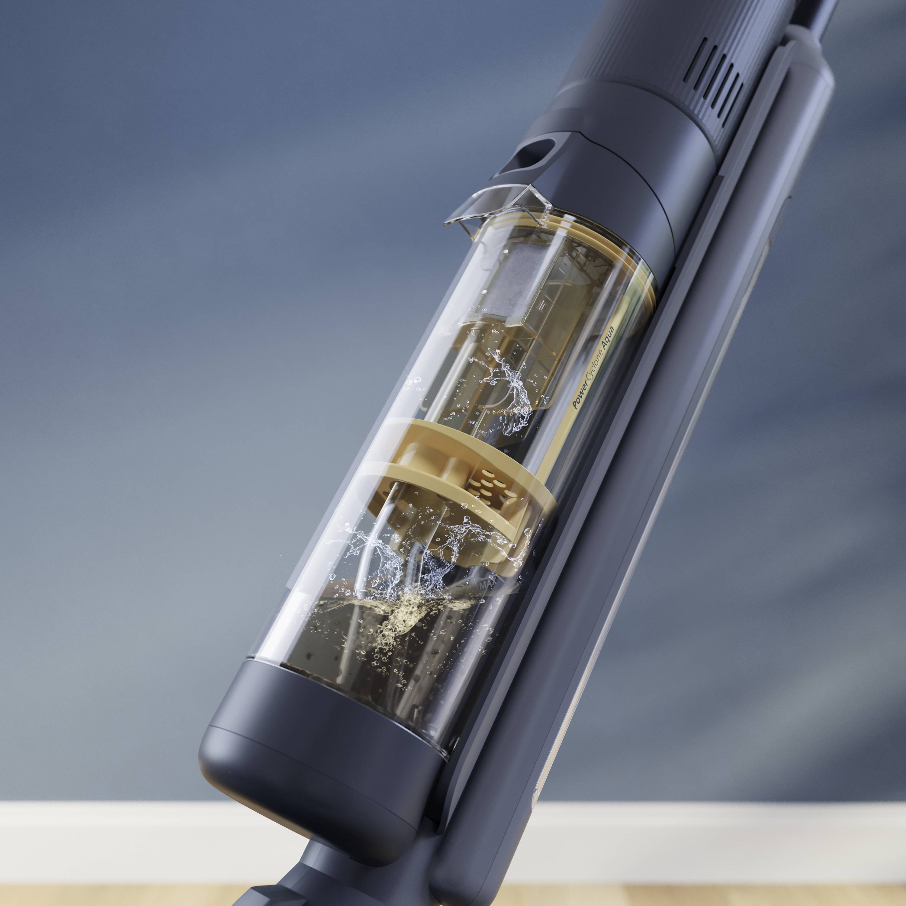 A modern, sleek vacuum cleaner stands upright on a wooden floor, with a transparent dust container that is partially filled.