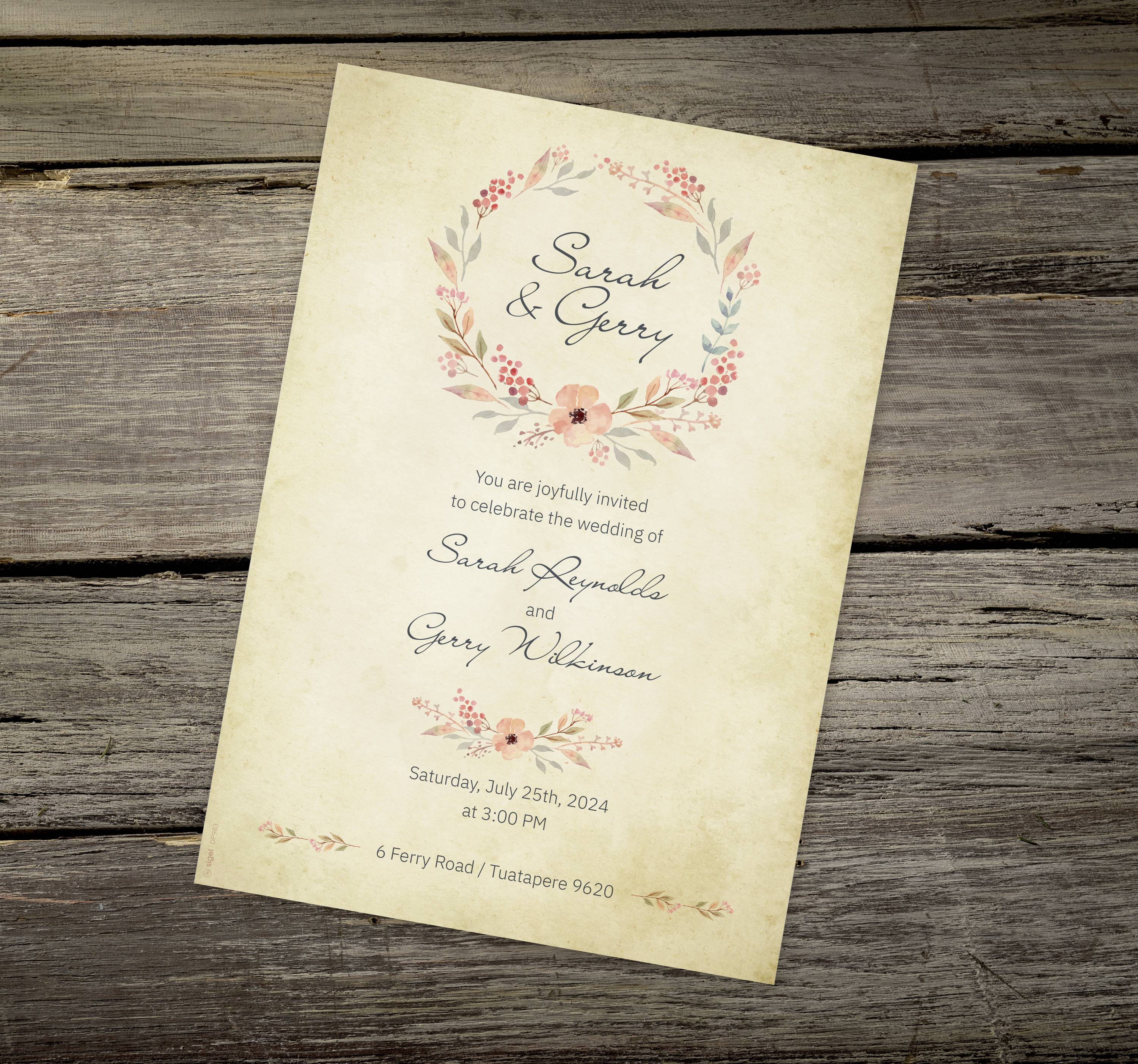 Wedding Invitation for Sarah and Gerry on Saturday, 25th July 2024, at 3:00 pm, 6 Ferry Road, Tuatapere. Decorative floral motif above.