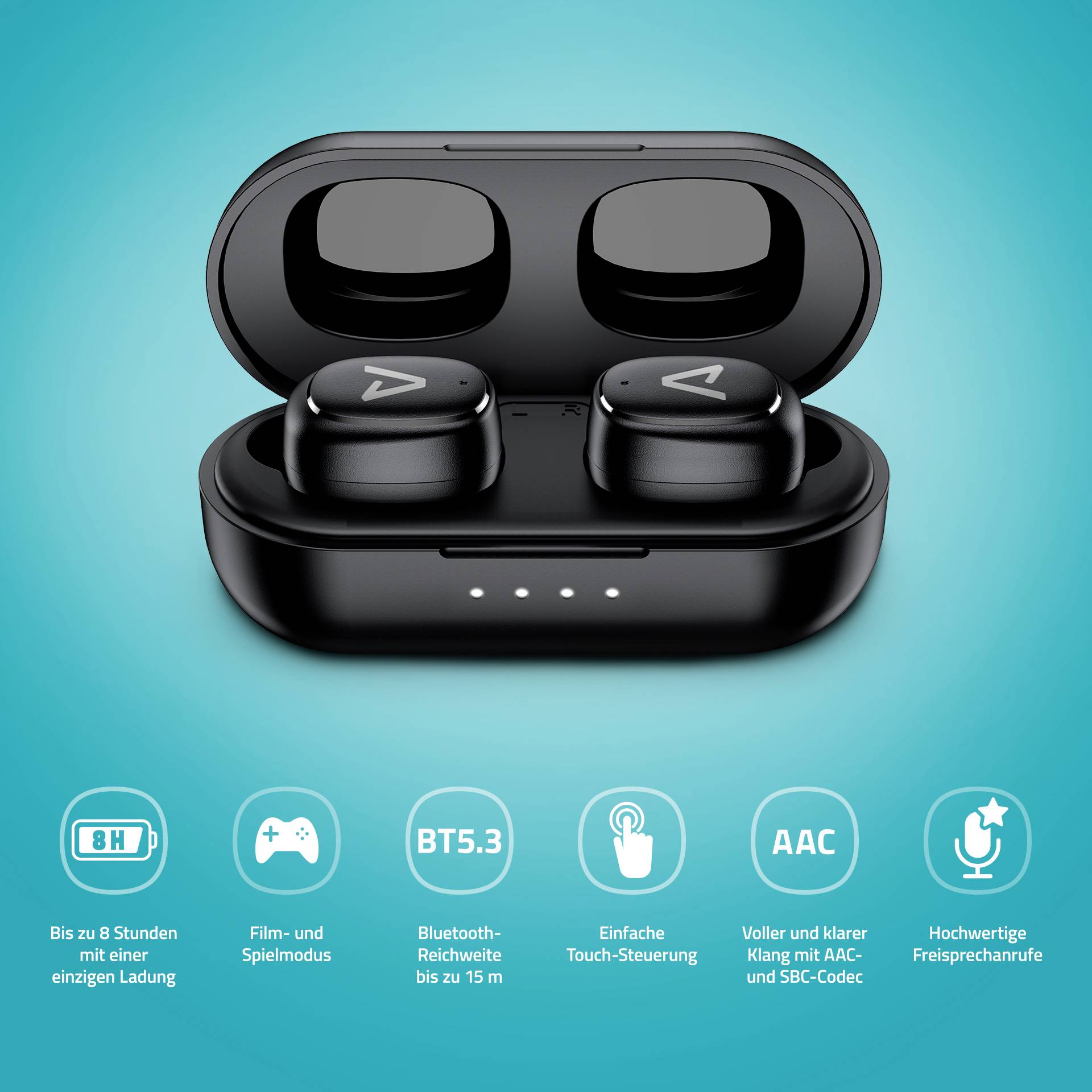 Wireless earbuds in an open charging case on a blue background. Icons below show features such as '8-hour battery' and 'BT 5.3'.