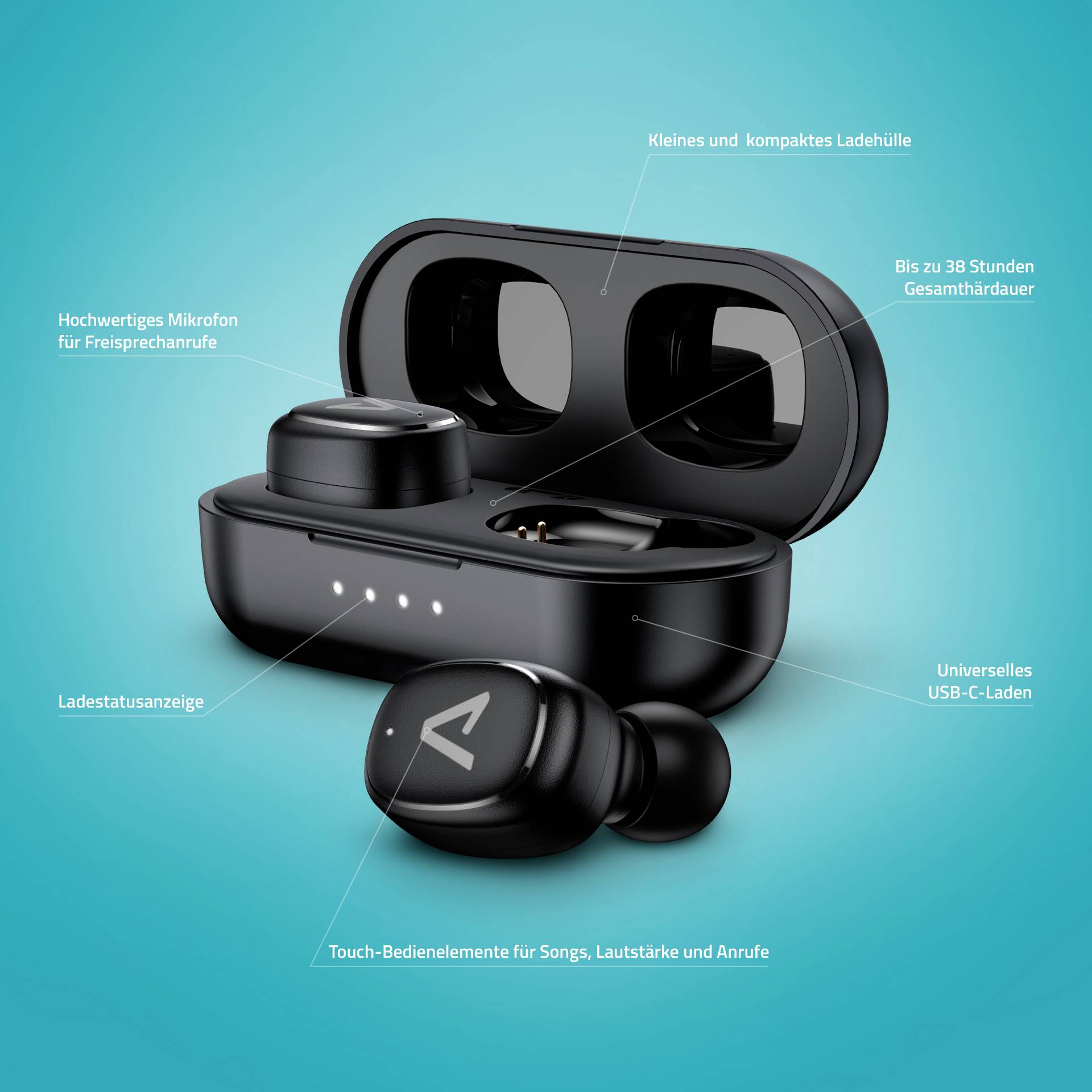 Small, compact charging case with wireless earbuds; up to 38 hours battery life, touch controls, USB-C charging port, microphone.