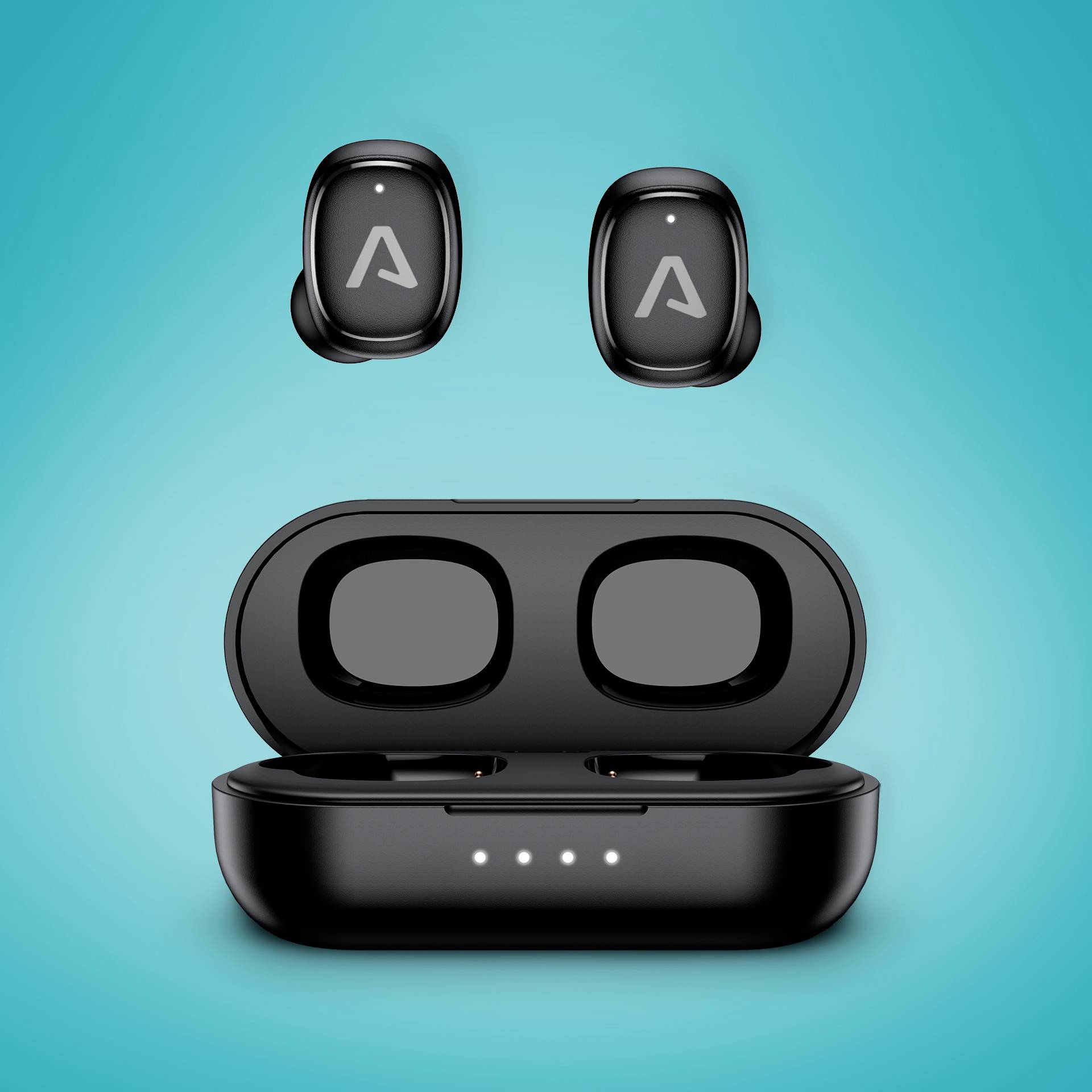 Black wireless earbuds on a blue background, above a matching charging case with four LED indicators.