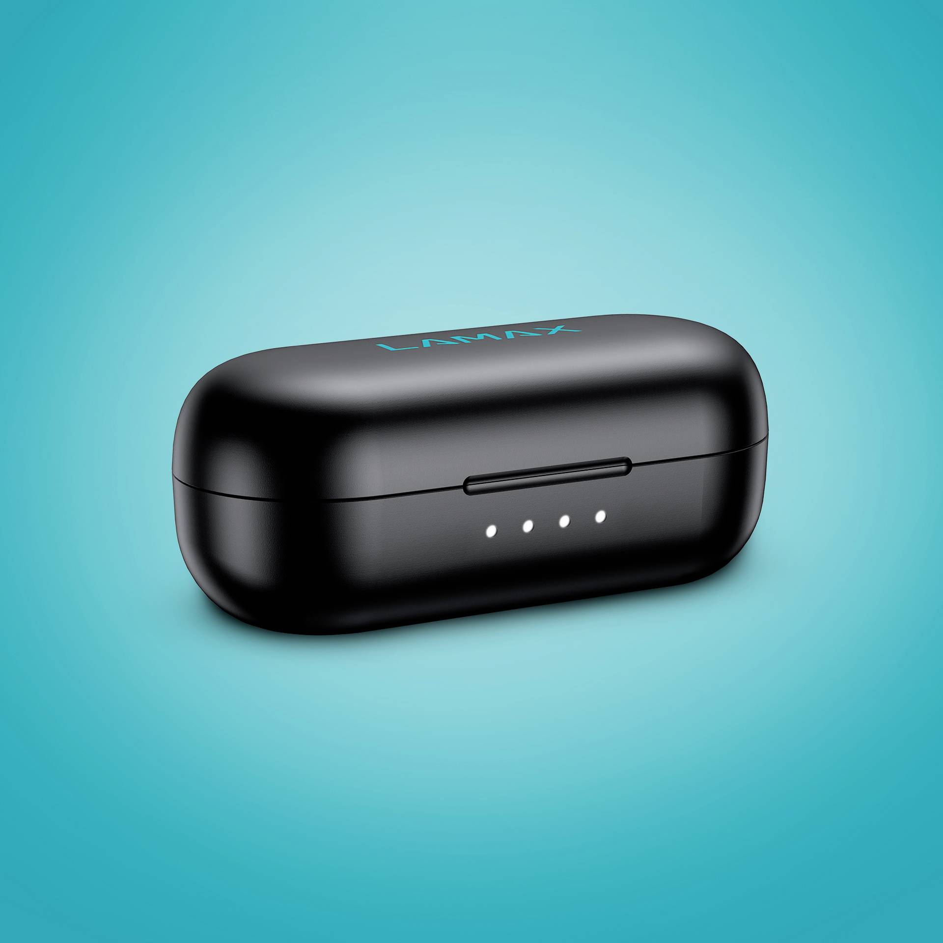 Black wireless headphone charging case with logo and four LED indicators, on a blue background.