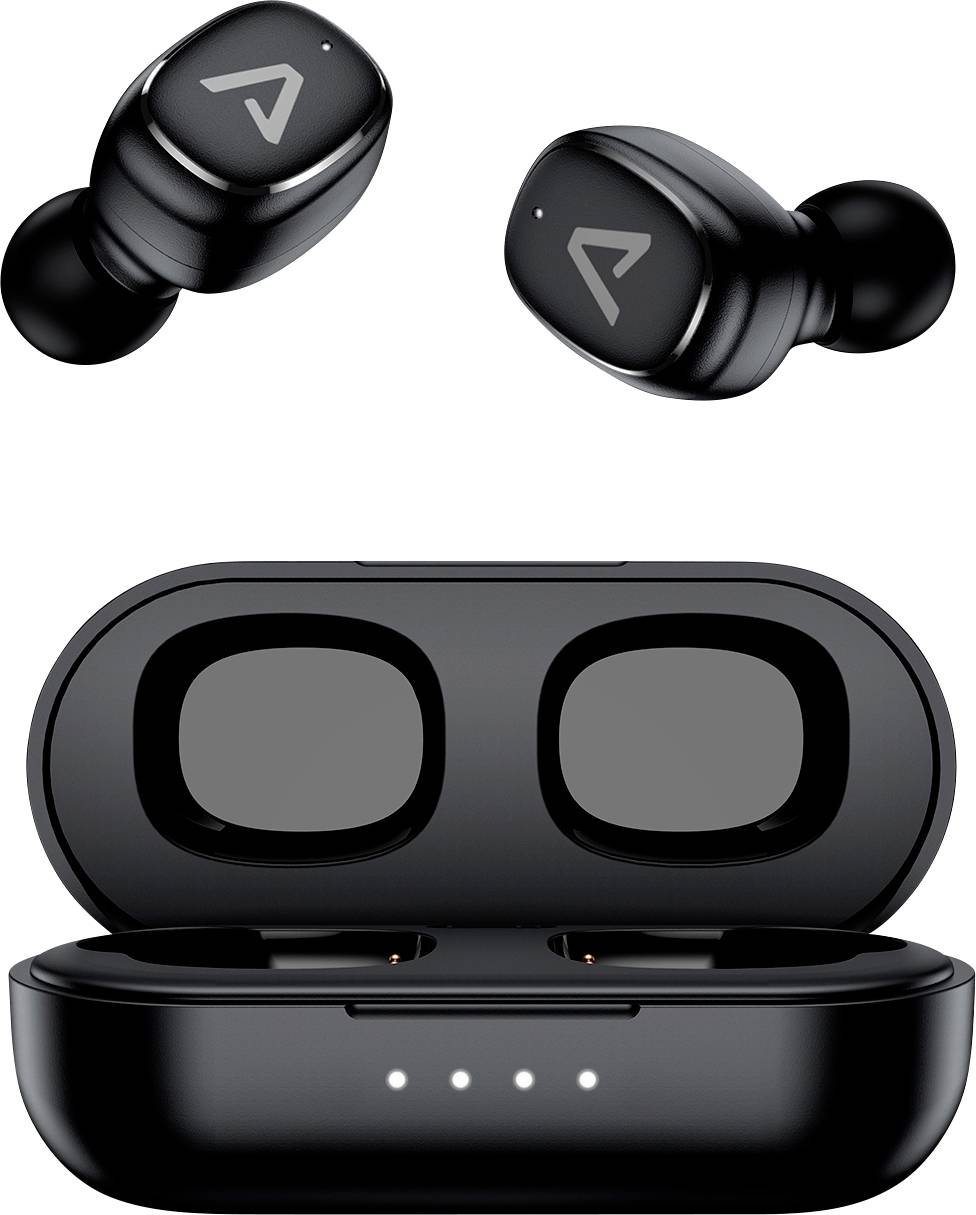 Black wireless earbuds and charging case with LED indicator, open. The earbuds are outside the case.
