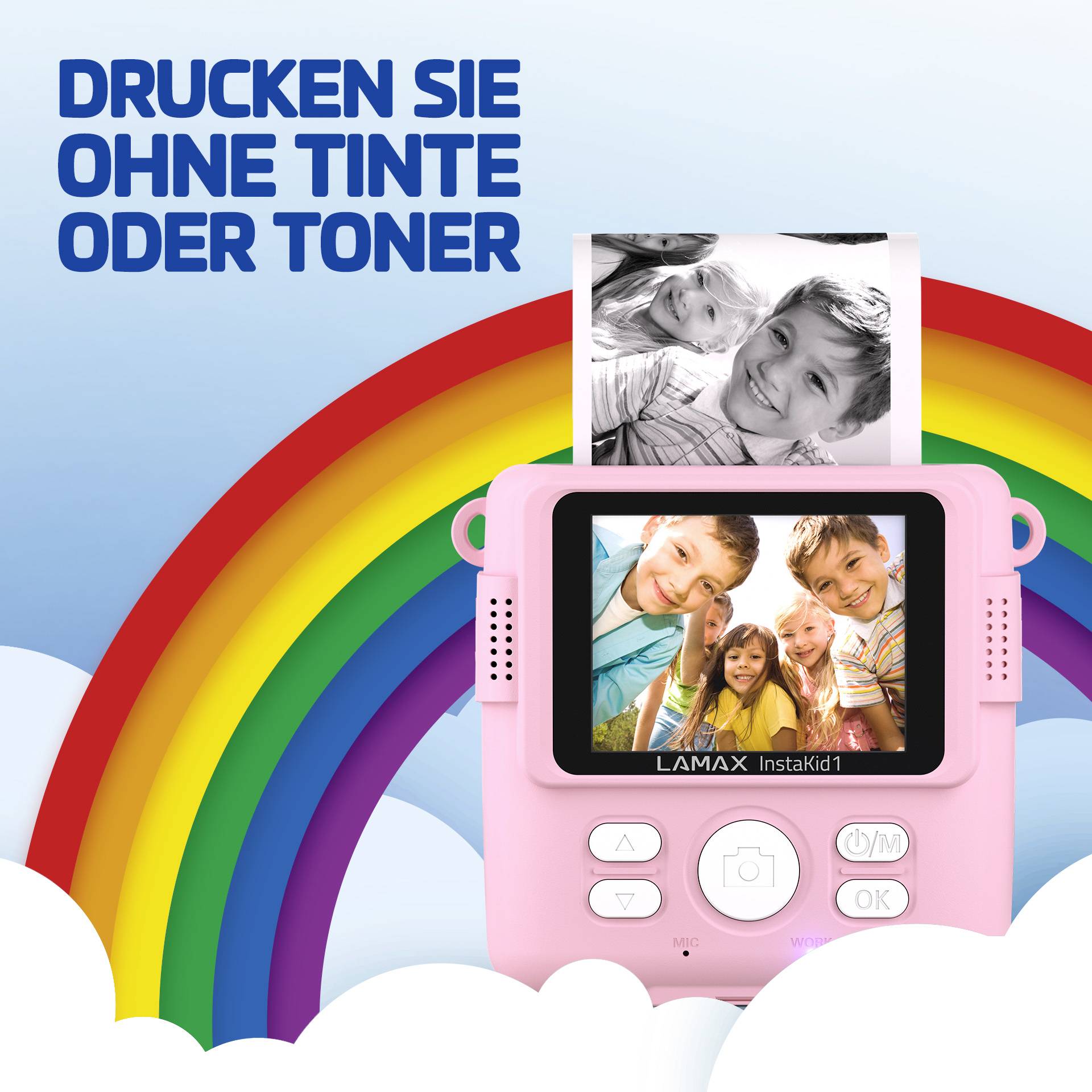 Compact pink instant camera with screen, with a black and white photograph of two laughing children in front. Rainbow background, text: 'Print without ink or toner'.