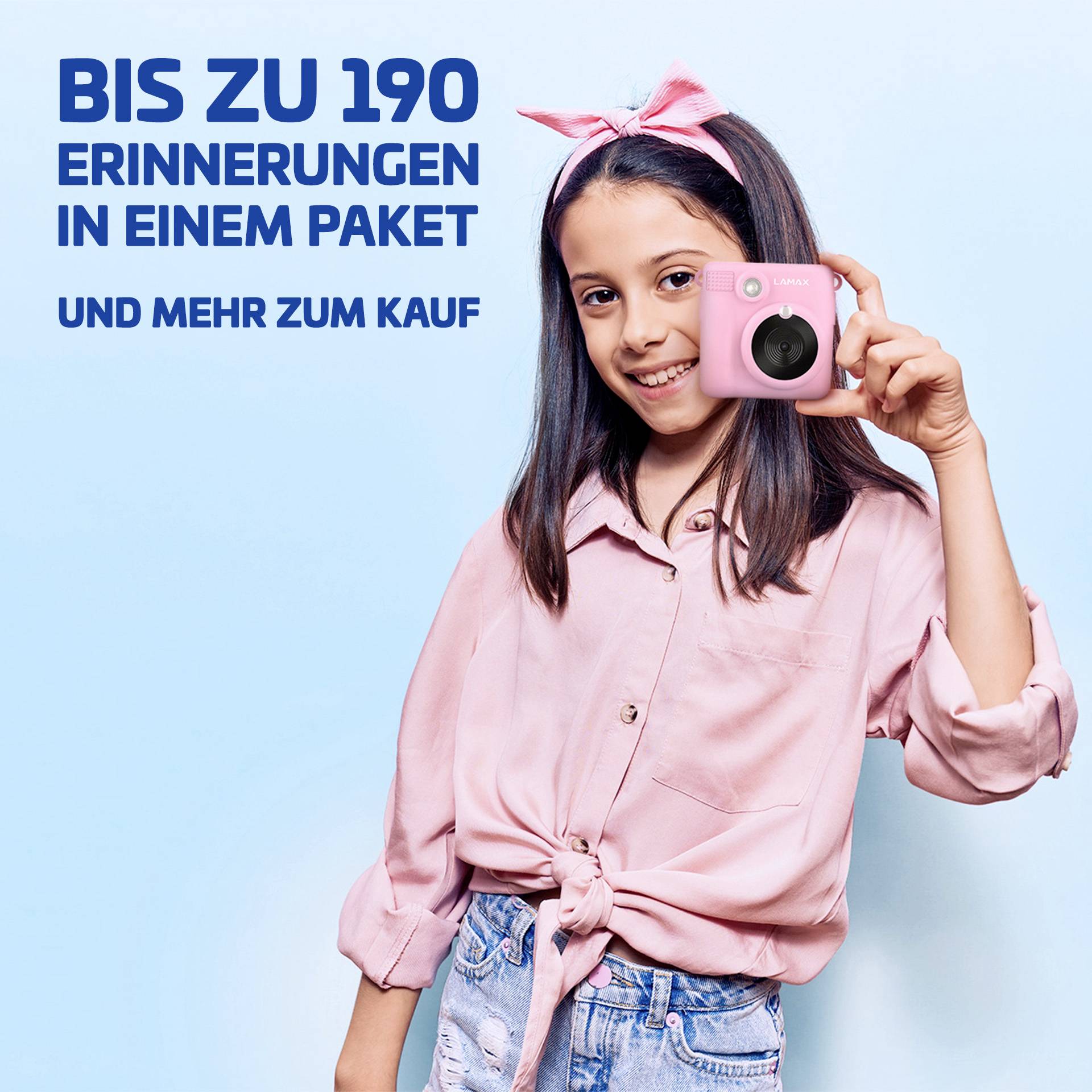 A smiling girl in a pink shirt and hairband holds an instant camera in front of her chest. Text: 'Up to 190 memories in one pack and more available to buy'.