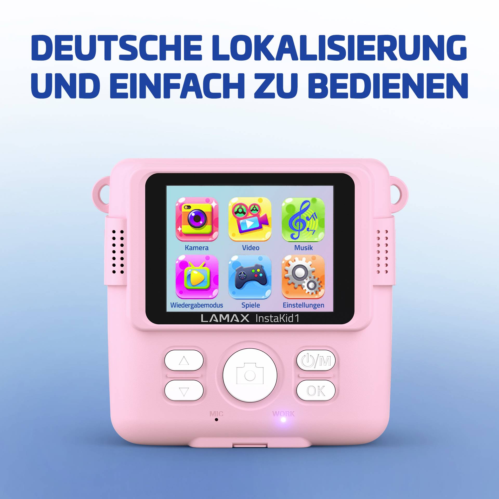 A pink camera with a screen displays colourful app icons. At the top it reads: 'GERMAN LOCALISATION AND EASY TO USE'.