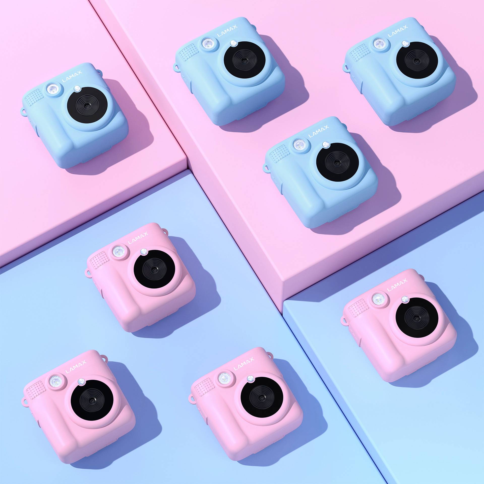 Six instant cameras scattered across a colour-divided surface in pink and blue. Three cameras are pink, three are blue.