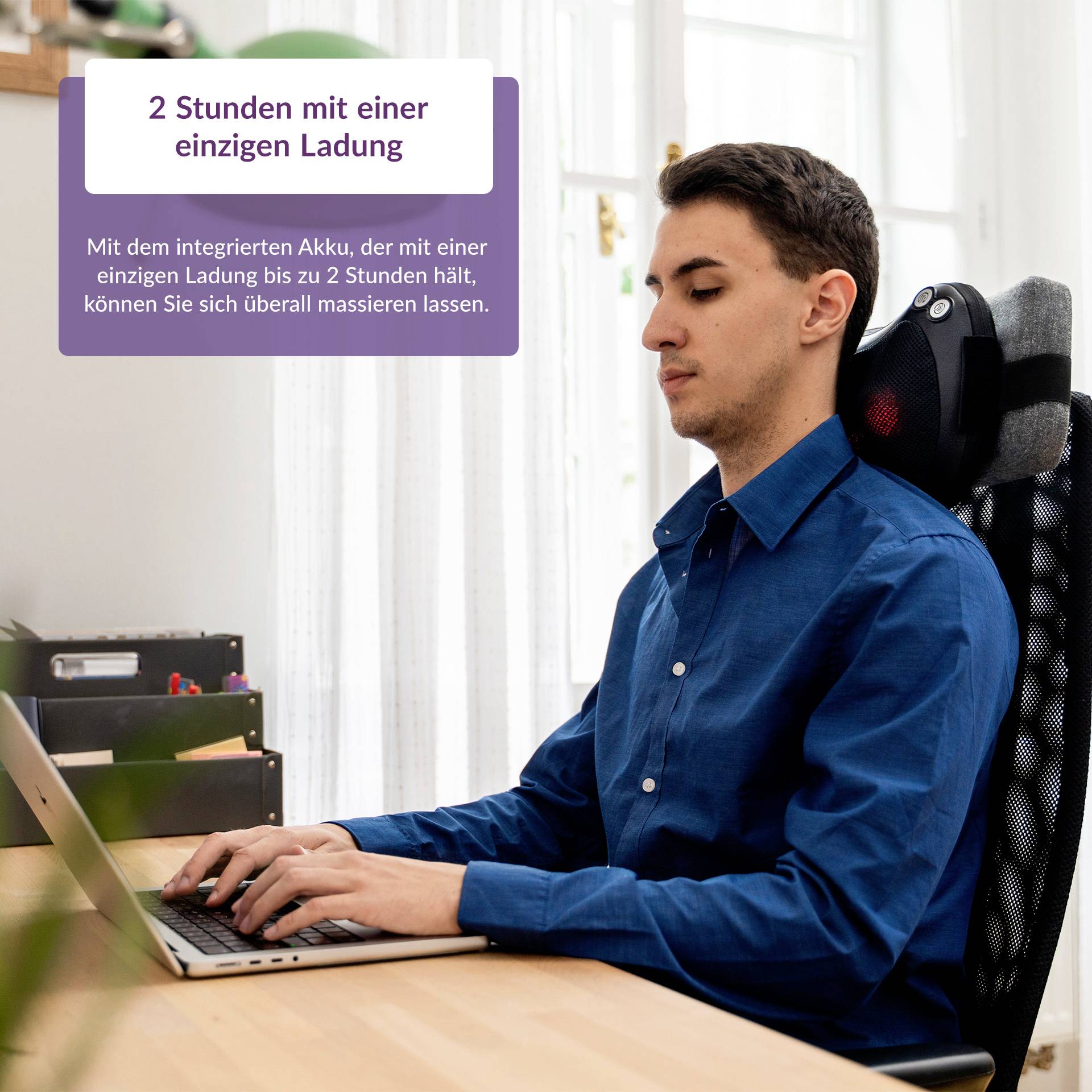 A man is sitting on an office chair and using a massage device on his neck. Text in the image: '2 hours on a single charge'.
