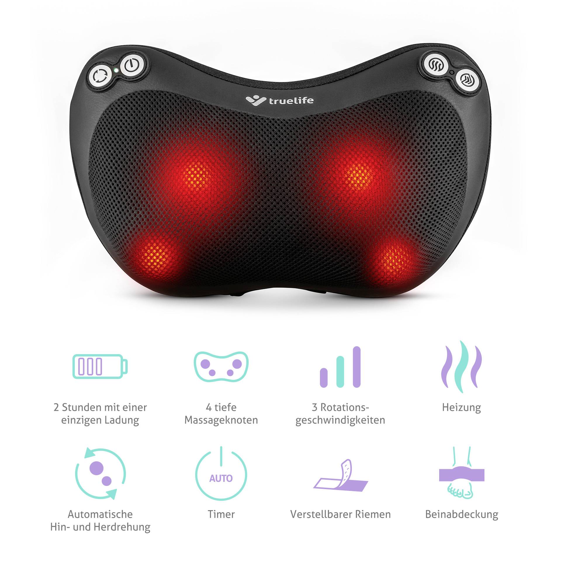 Black Shiatsu massage device with red illuminated massage nodes. Underneath, symbols showing functions such as heating option and timer.