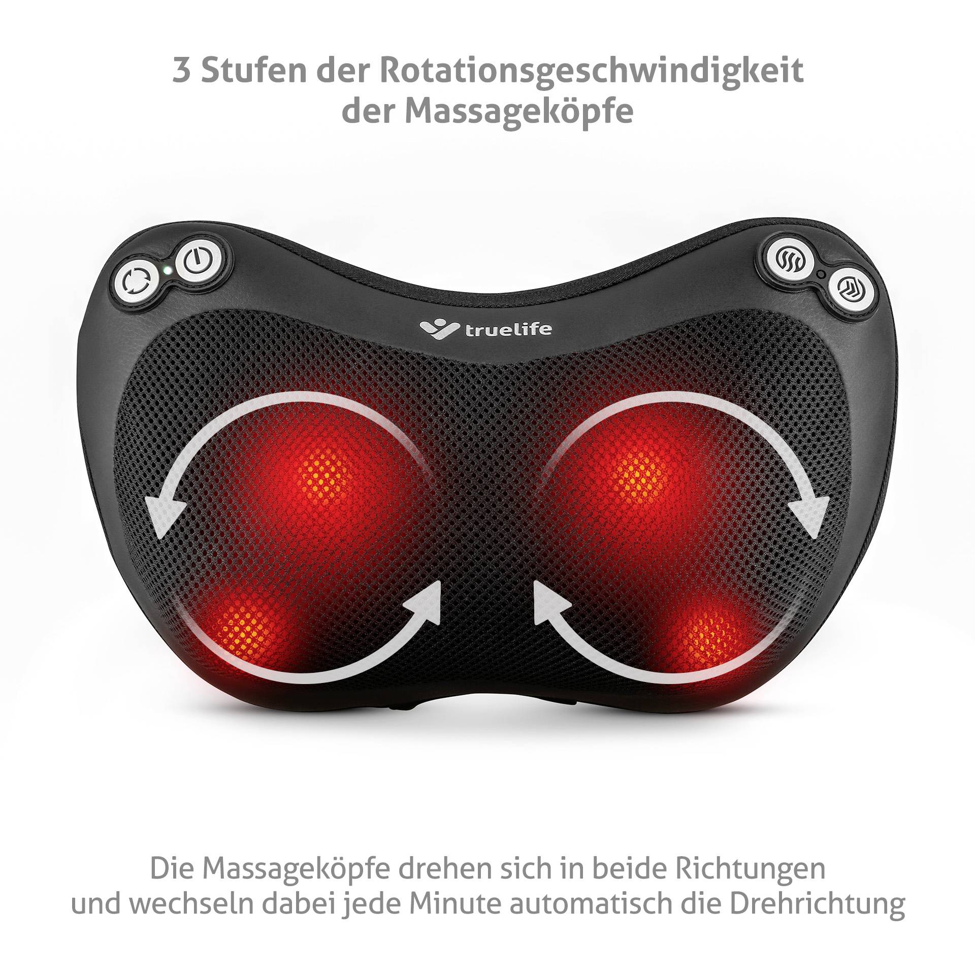 A black massage device with two illuminated, rotating massage heads. Label: '3 levels of massage head rotation speed'.