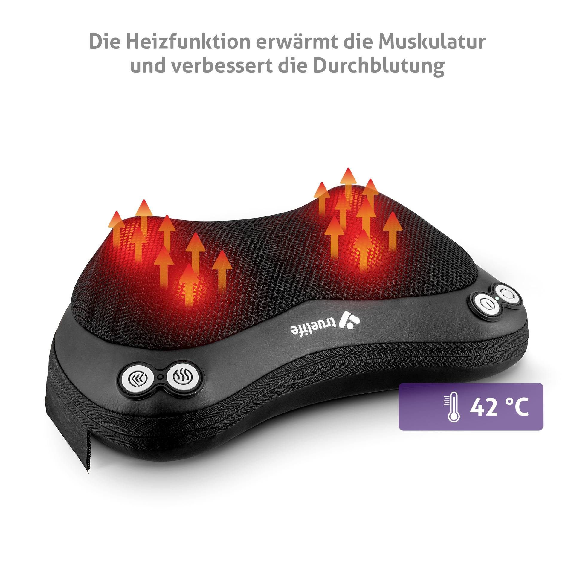 A black massage cushion with red heating lights. Text in the image: 'The heating function warms the muscles and improves blood circulation', Temperature display: 42°C.