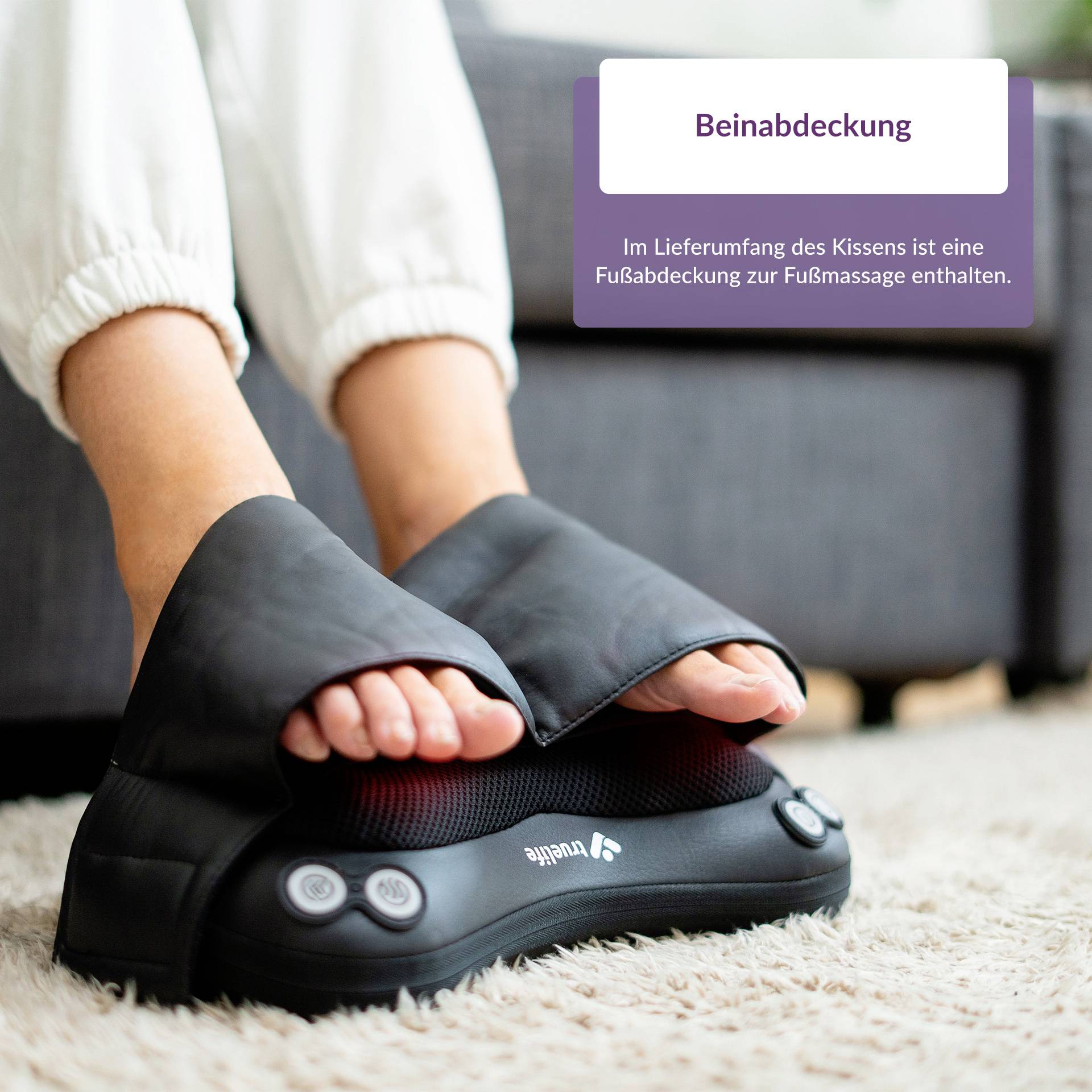 Foot massage device with covered feet, used on a carpet. Text above: 'Leg cover included in delivery'.