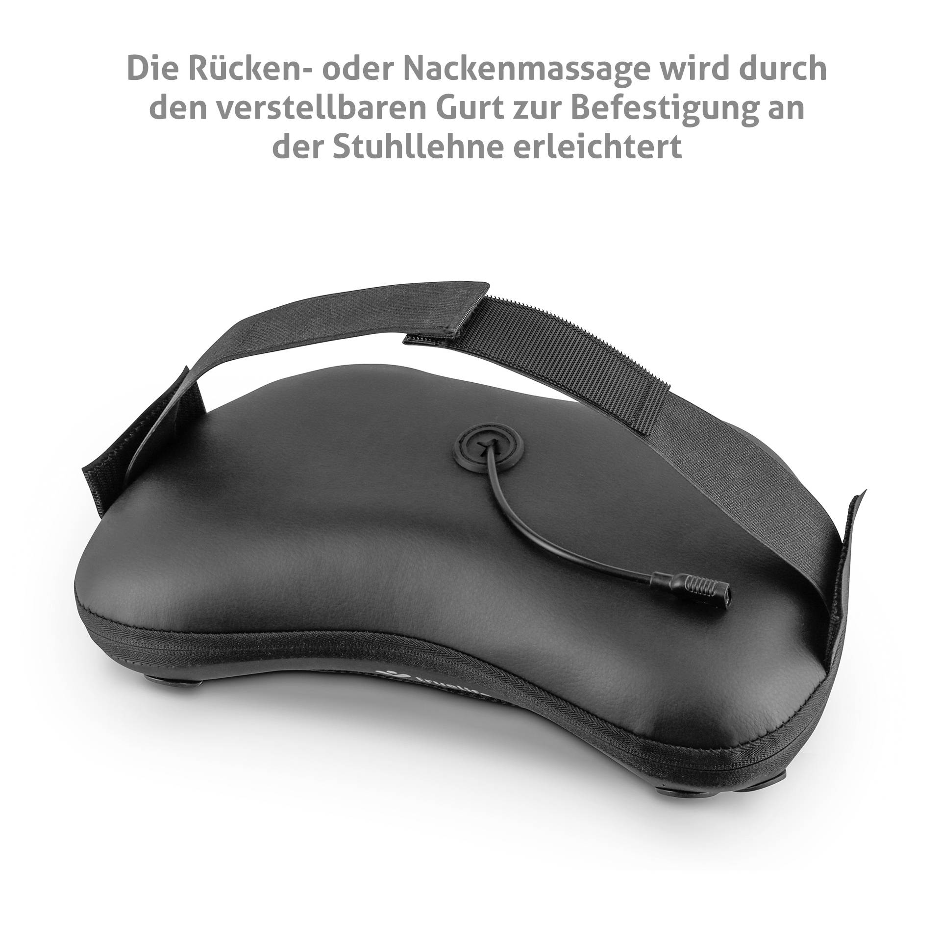 A black massage cushion with an adjustable strap for attaching to a chair back. Text at the top: 'Back or neck massage is made easier by the adjustable strap for fastening to the chair back'.