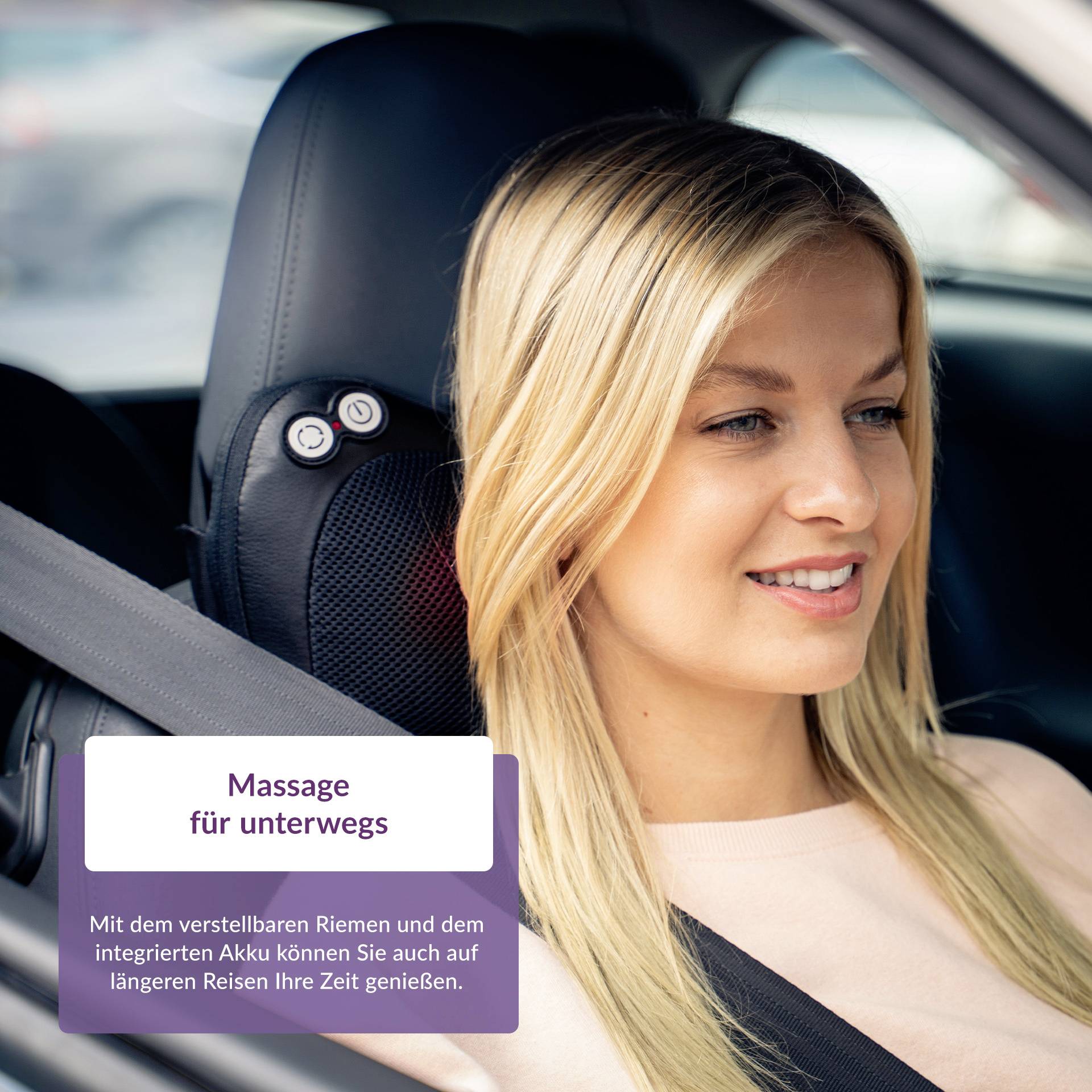 A woman sits in a car with a massage seat cushion on the headrest. Text on the image: 'Massage on the go'.