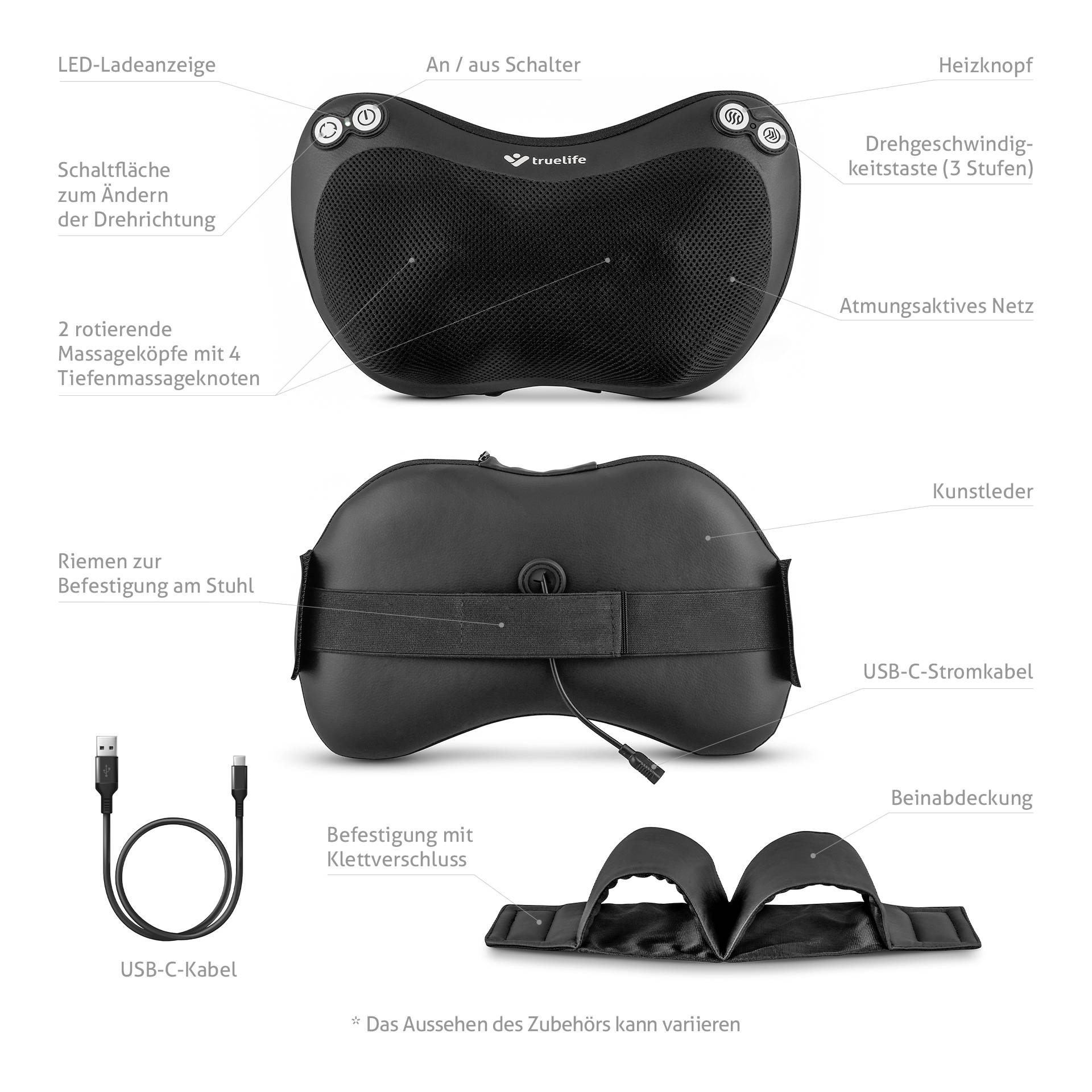 Front and rear view of a massage device with LED light, heating button, rotatable massage heads, USB power cable, and attachment strap.