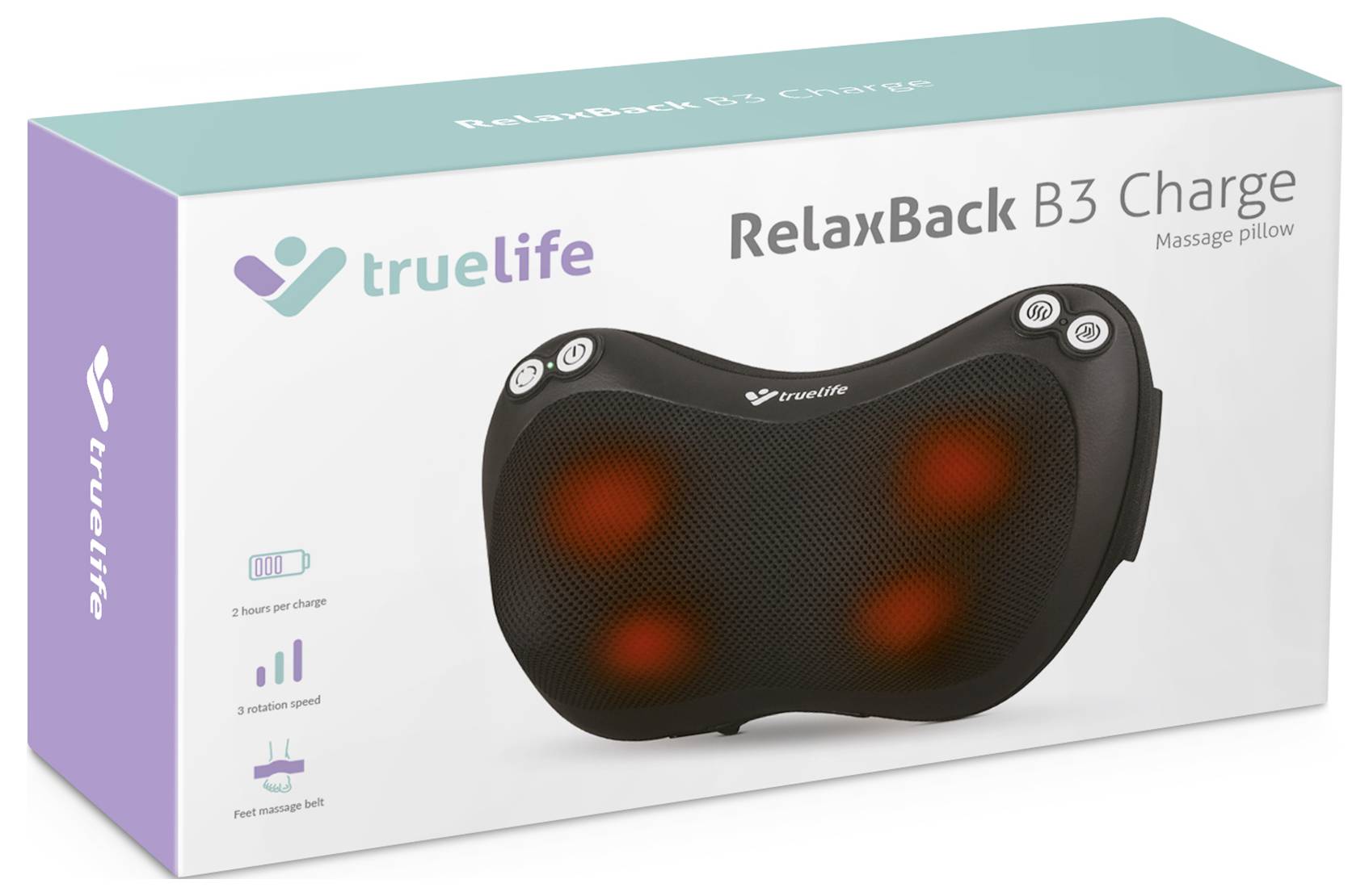 The packaging displays a massage cushion called 'RelaxBack B3 Charge' by the brand 'truelife'. It is black with red lights.