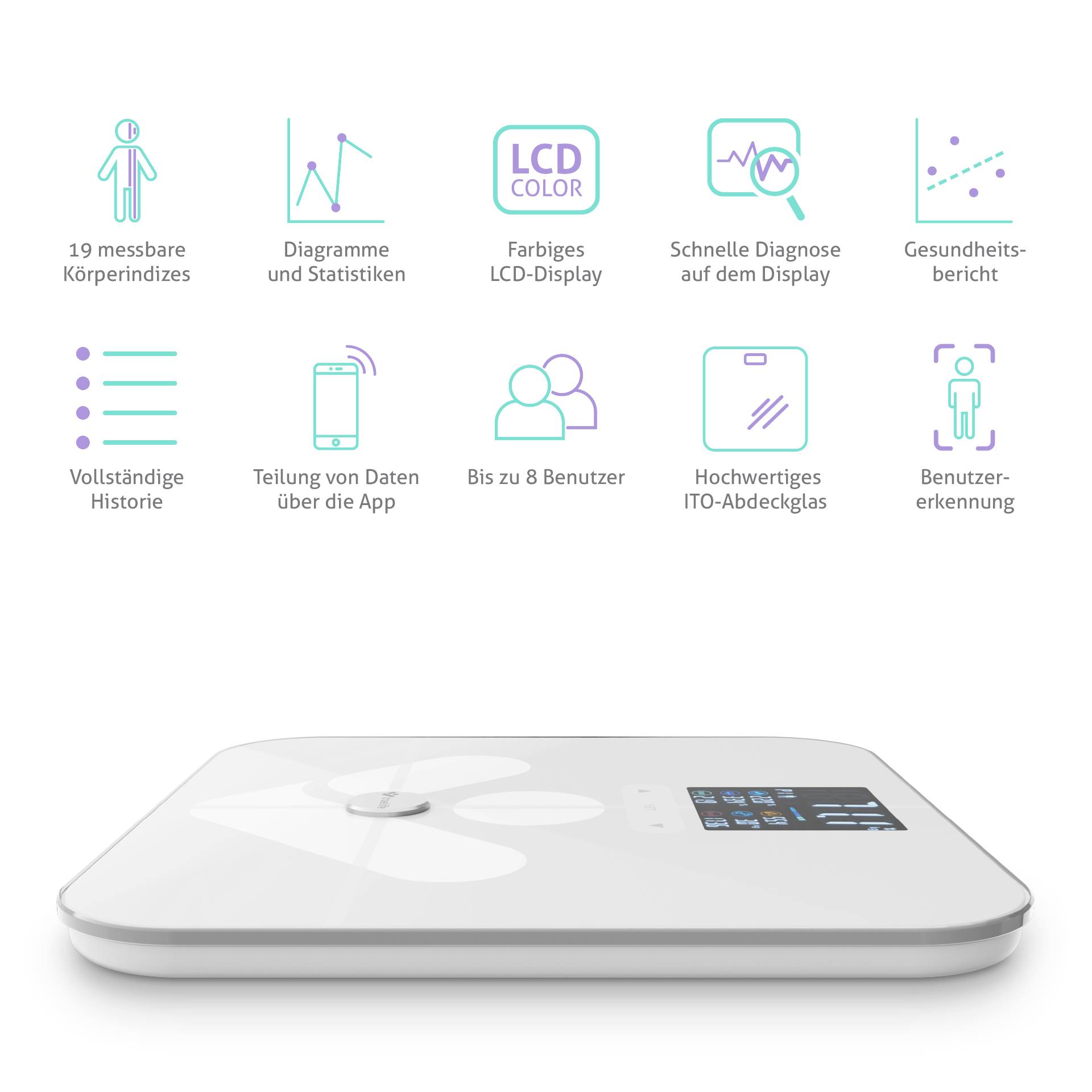 'Digital scales with display, measuring 19 body indices. Functions: User recognition, health report, app sharing, supports up to 8 users.'