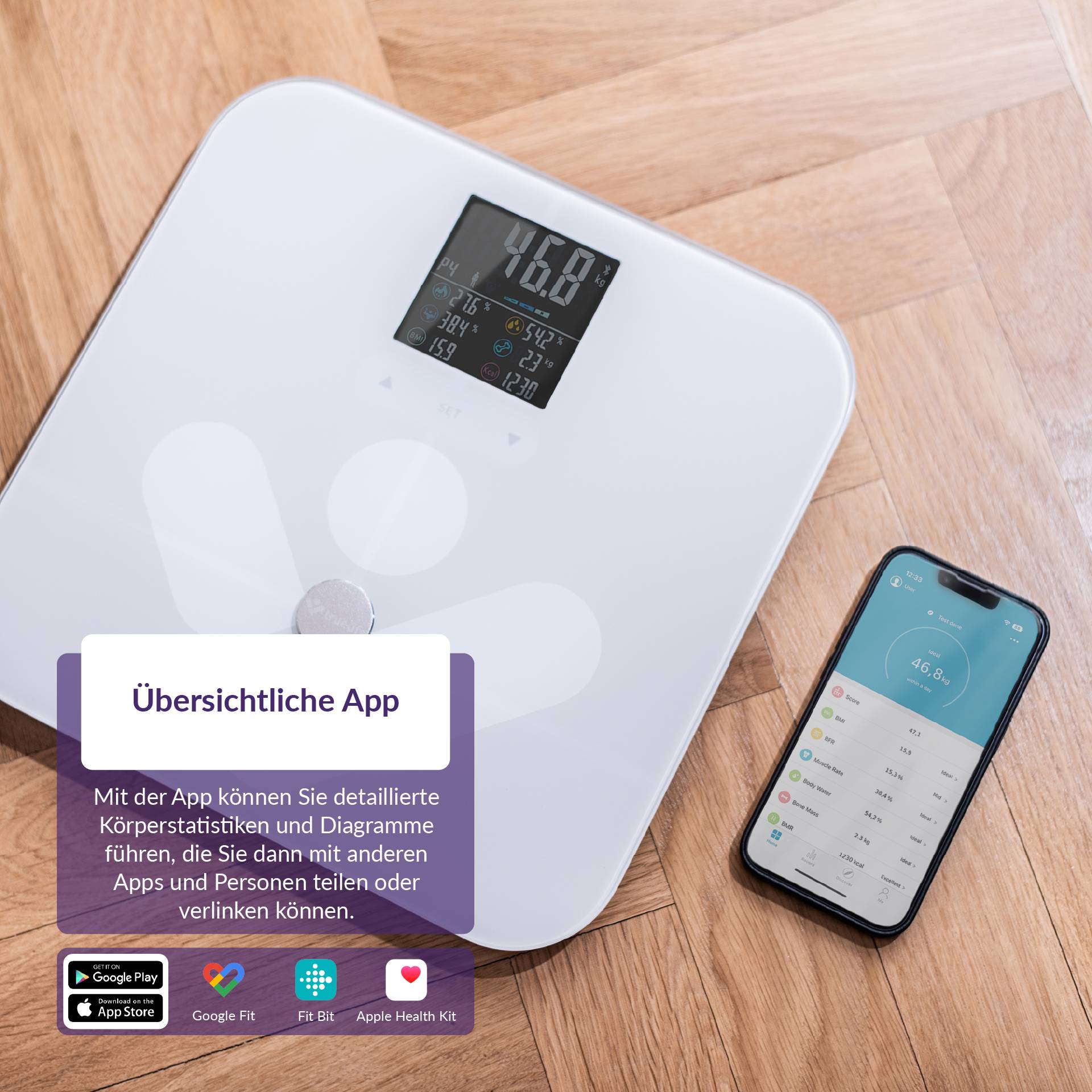 A digital scale and a smartphone with an open health app. The text 'Clear Overview App' highlights the app's features.