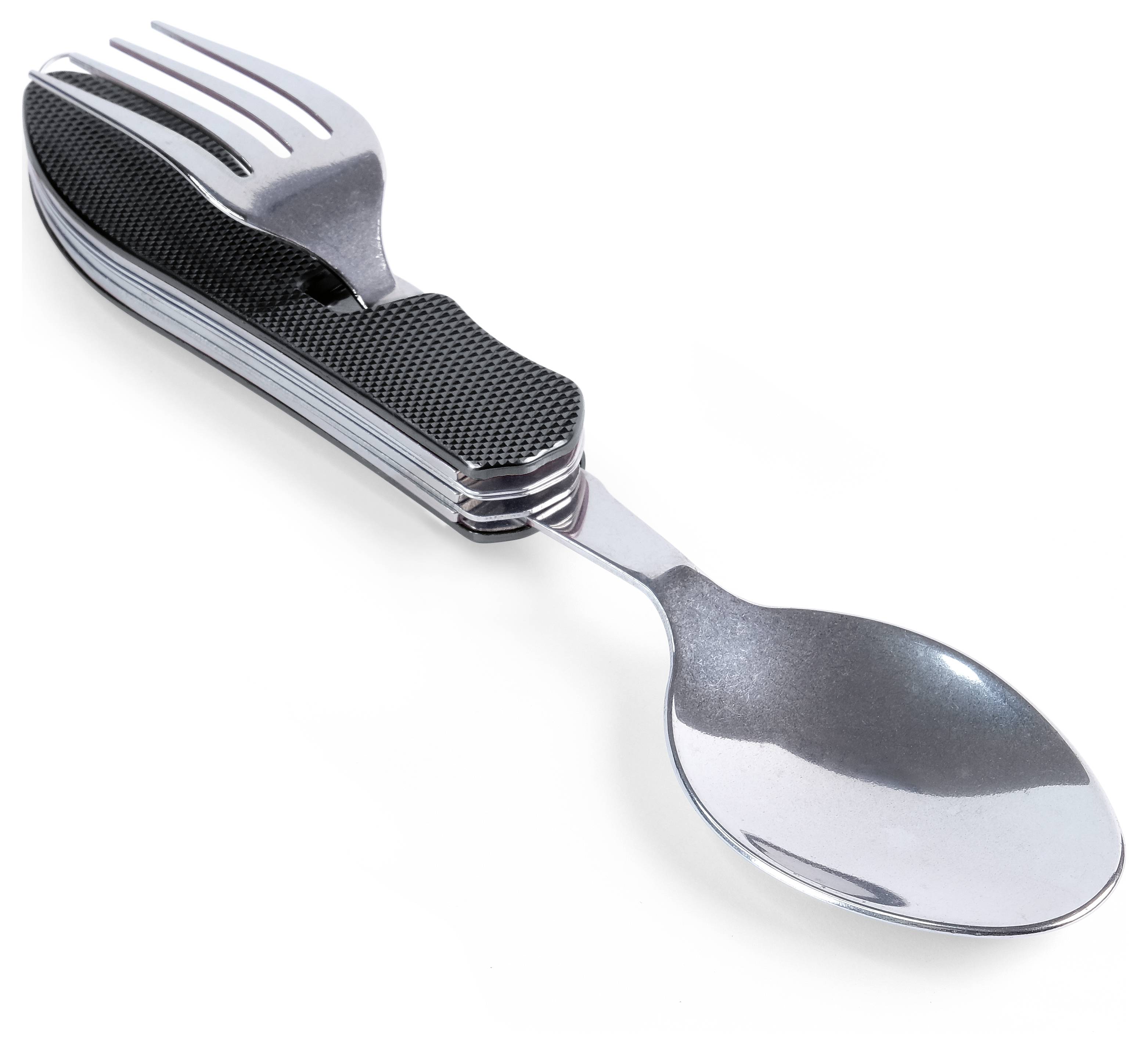 A foldable camping cutlery set comprising a spoon, fork, and knife with a black handle, perfect for outdoor activities.