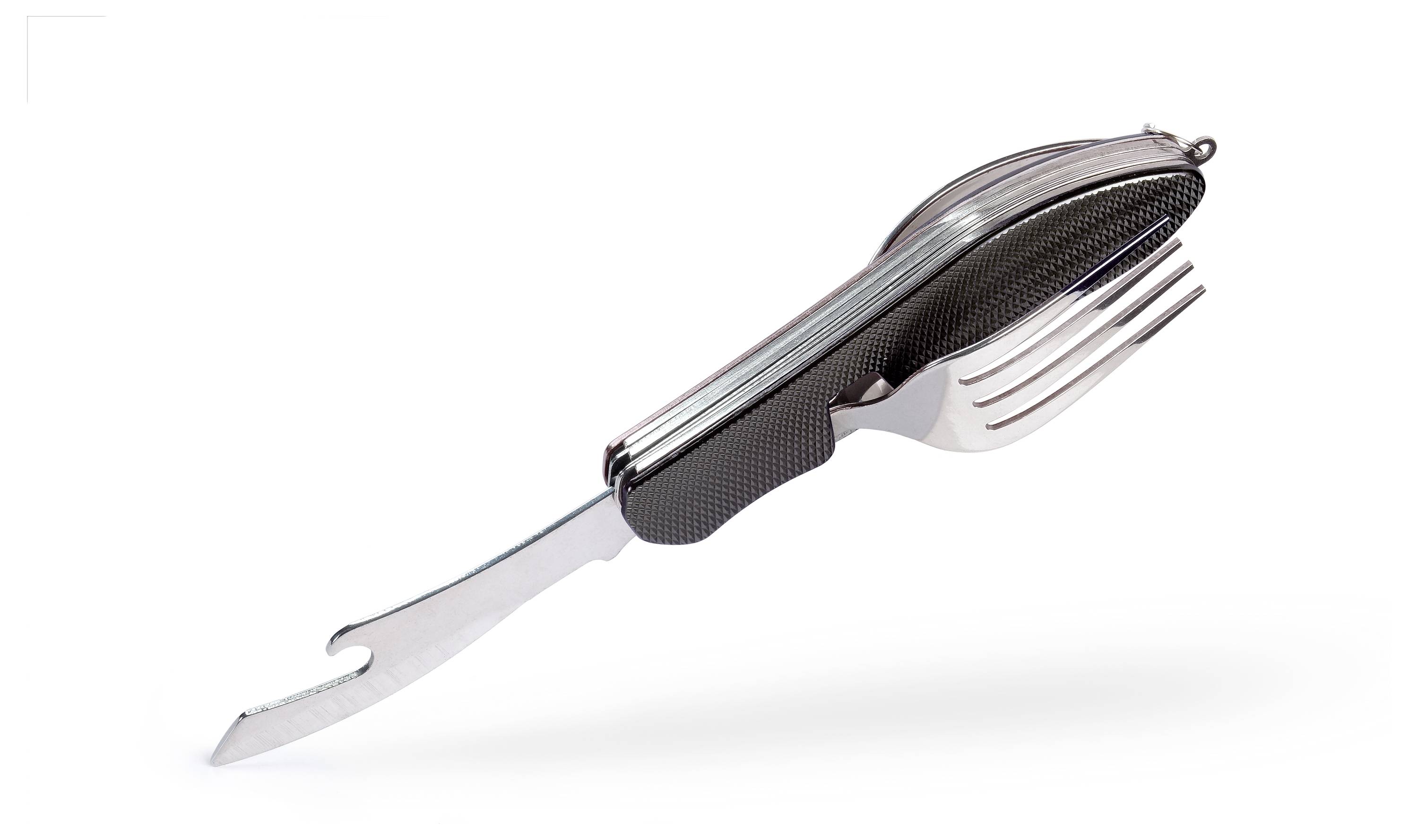 Multifunctional pocket tool with a fork, bottle opener, and additional functions, pictured against a white background.
