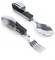 Two folding travel cutlery sets with a spoon, fork, and knife made of metal with black handles demonstrate practicality and compact design.