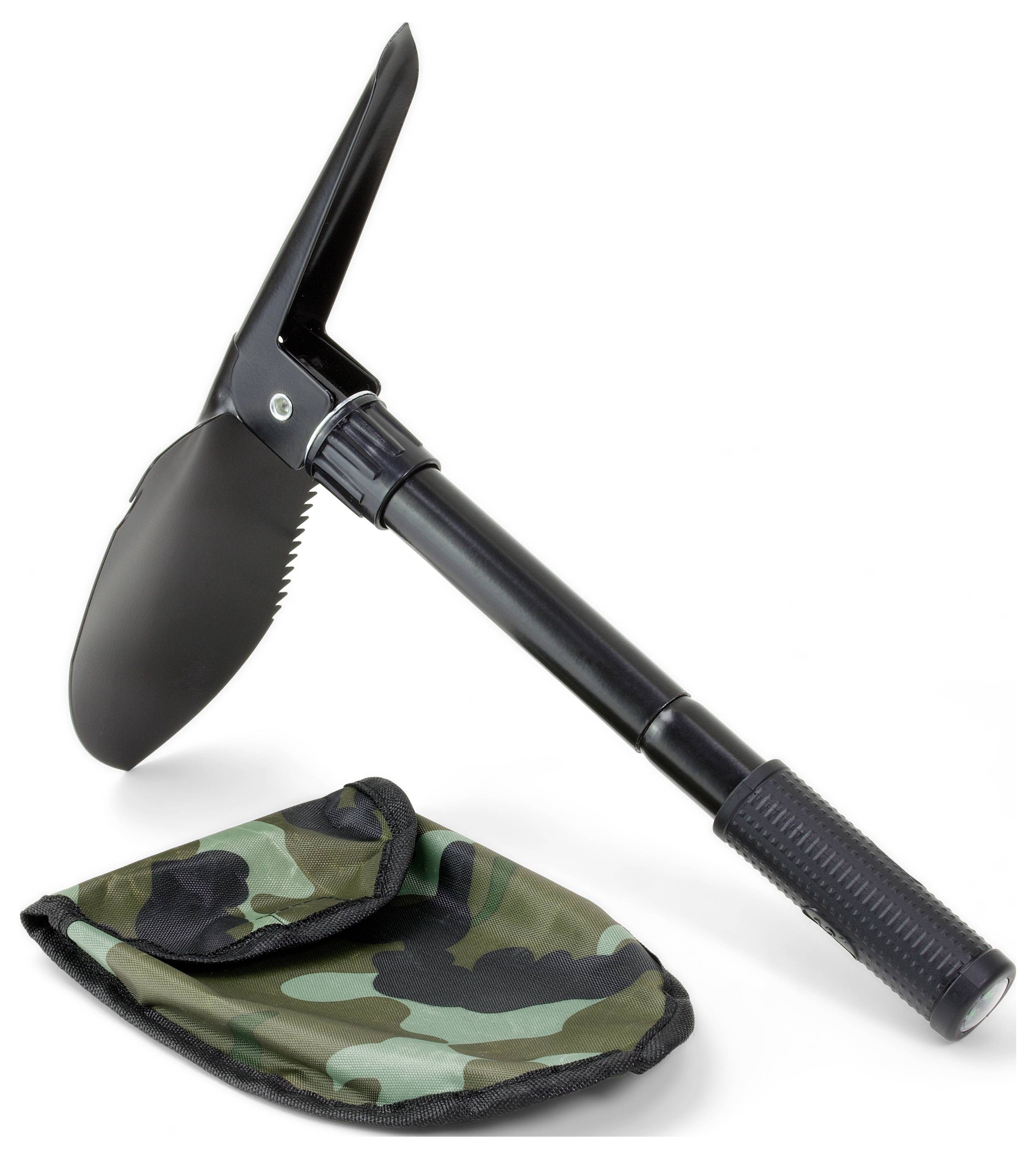 A black folding spade with a serrated edge, next to a green camouflage bag. Ideal for outdoor or camping activities.