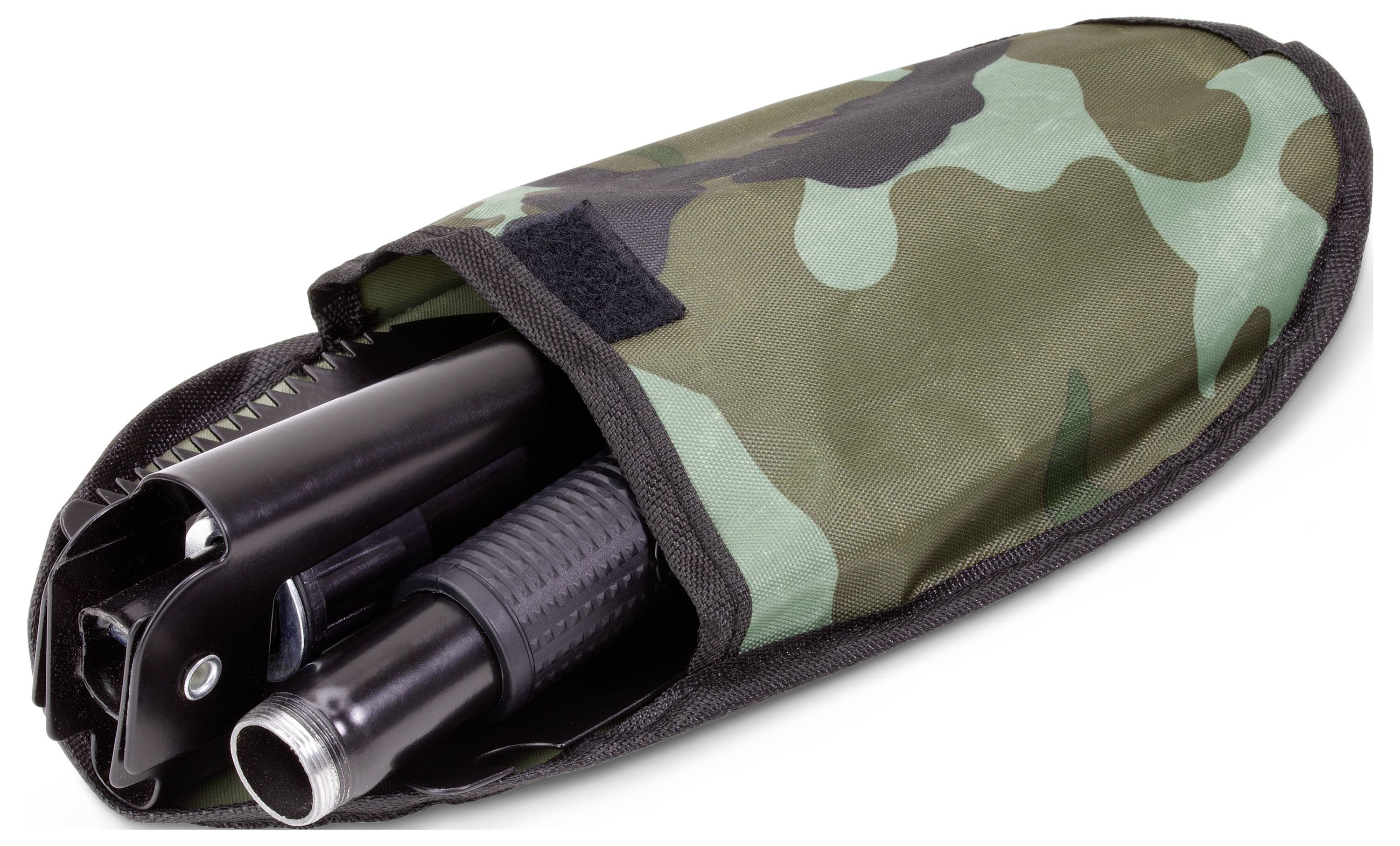 Torch with telescopic function, packaged in a green and black patterned fabric sleeve.