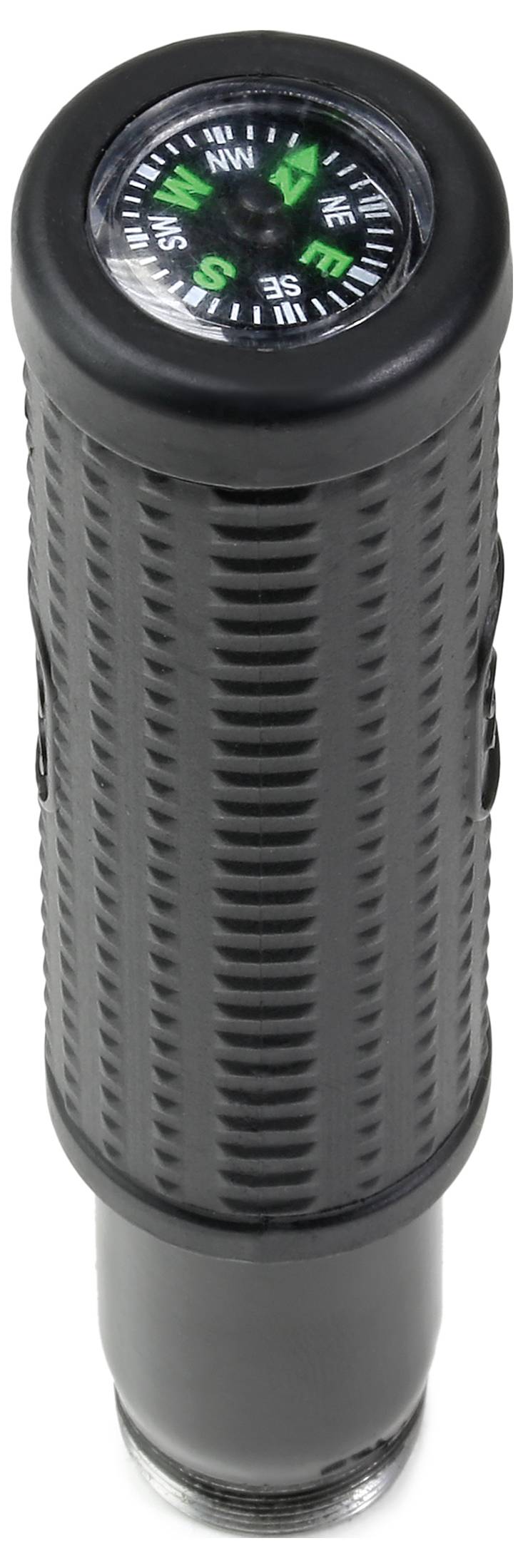 Black torch with built-in compass on the top, standing upright, clearly visible on a white background.