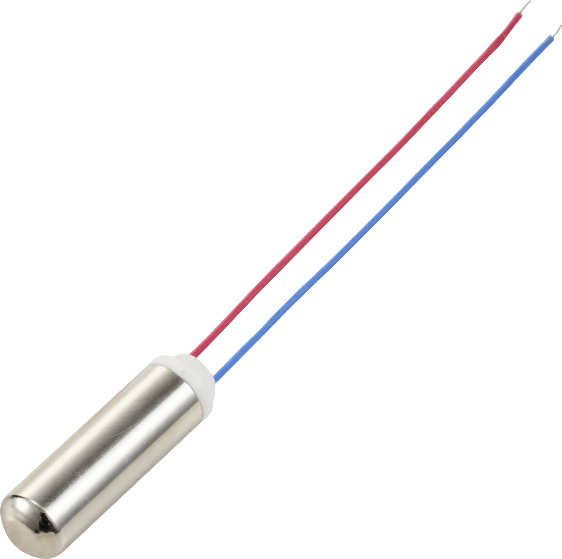 A cylindrical sensor with two wires in red and blue is shown. The sensor could be used for temperature measurements.