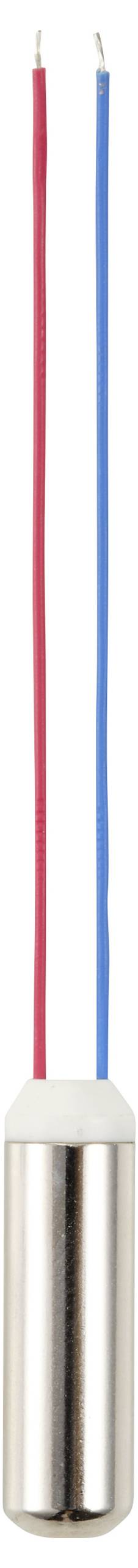 A cylindrical electromagnet with a metal casing and two wires; the red wire is connected to the positive terminal and the blue wire to the negative terminal.