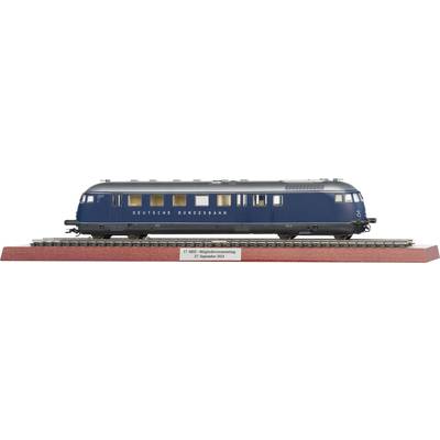 Model of a blue train on rails, presented on a wooden base with the inscription 'Deutsche Bundesbahn' and date marking.