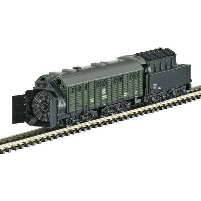 Black model of a steam locomotive with a large fan at the front, positioned on railway tracks.
