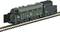 Black model of a steam locomotive with a large fan at the front, positioned on railway tracks.