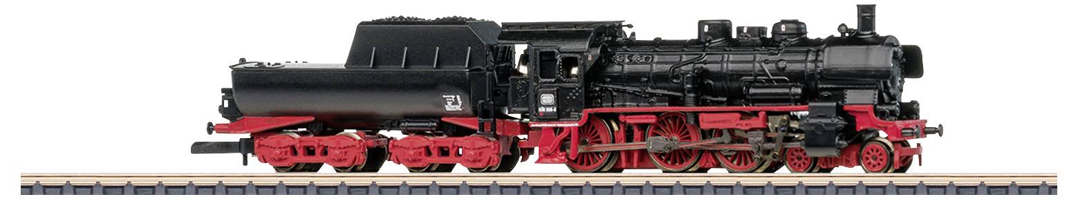 A model of a black steam locomotive with red wheels sits on a railway track. Detailed depiction of the locomotive.