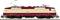 A model of a German electric locomotive in beige and red paintwork on a section of track, viewed from the side.