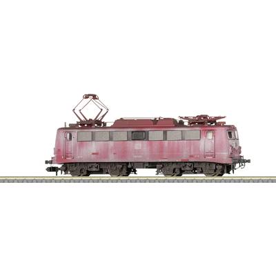 A pink electric locomotive on a track, viewed from the side. It has a chassis with pantographs on top.