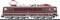 A dark red electric locomotive of model BR 143 with detailed overhead line and chassis, side view.
