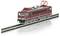 A model train of a red-brown electric locomotive on a track, visible head-on from the left.