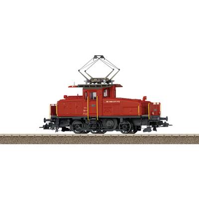 Red model locomotive on rails, side view, intricately designed with visible wheels and roof pantograph.