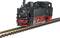 A black steam locomotive on tracks, with a red chassis and silver details. The locomotive is historically designed.