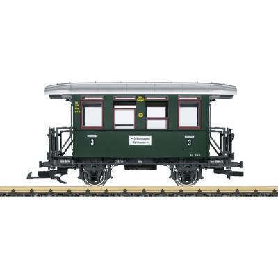 A green historical railway carriage on tracks, side view, with labels 'Dünsberg Railway' and '3rd Class'.