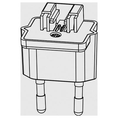 Two-pin electrical plug with a rectangular housing and round metal pins, suitable for European power sockets.