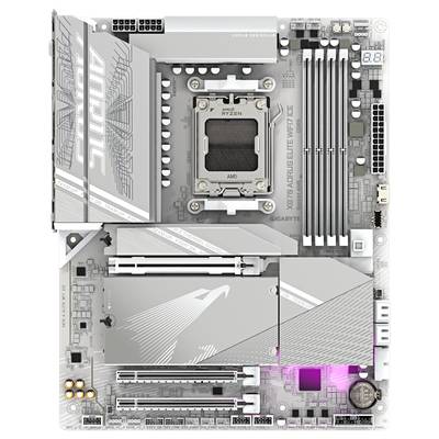 Grey motherboard with the name 'AORUS' in the top left corner and a large CPU socket in the centre. Several expansion slots are visible.