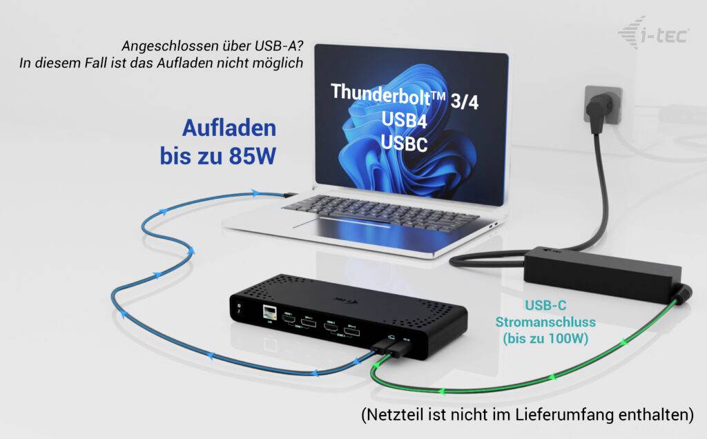 'Laptop connected with a cable to a docking station labelled: Thunderbolt™ 3/4, USB4, USB-C. Charging up to 85W.'