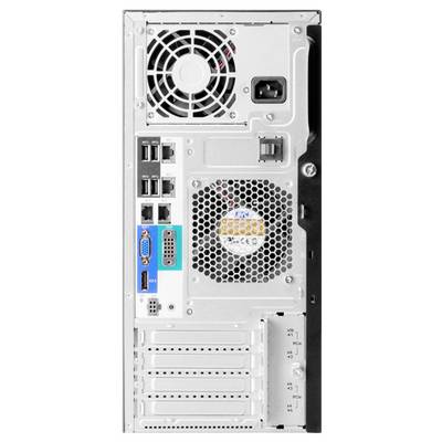 Back of a computer with connections: Fan, power socket, USB and Ethernet ports, VGA and serial interfaces.