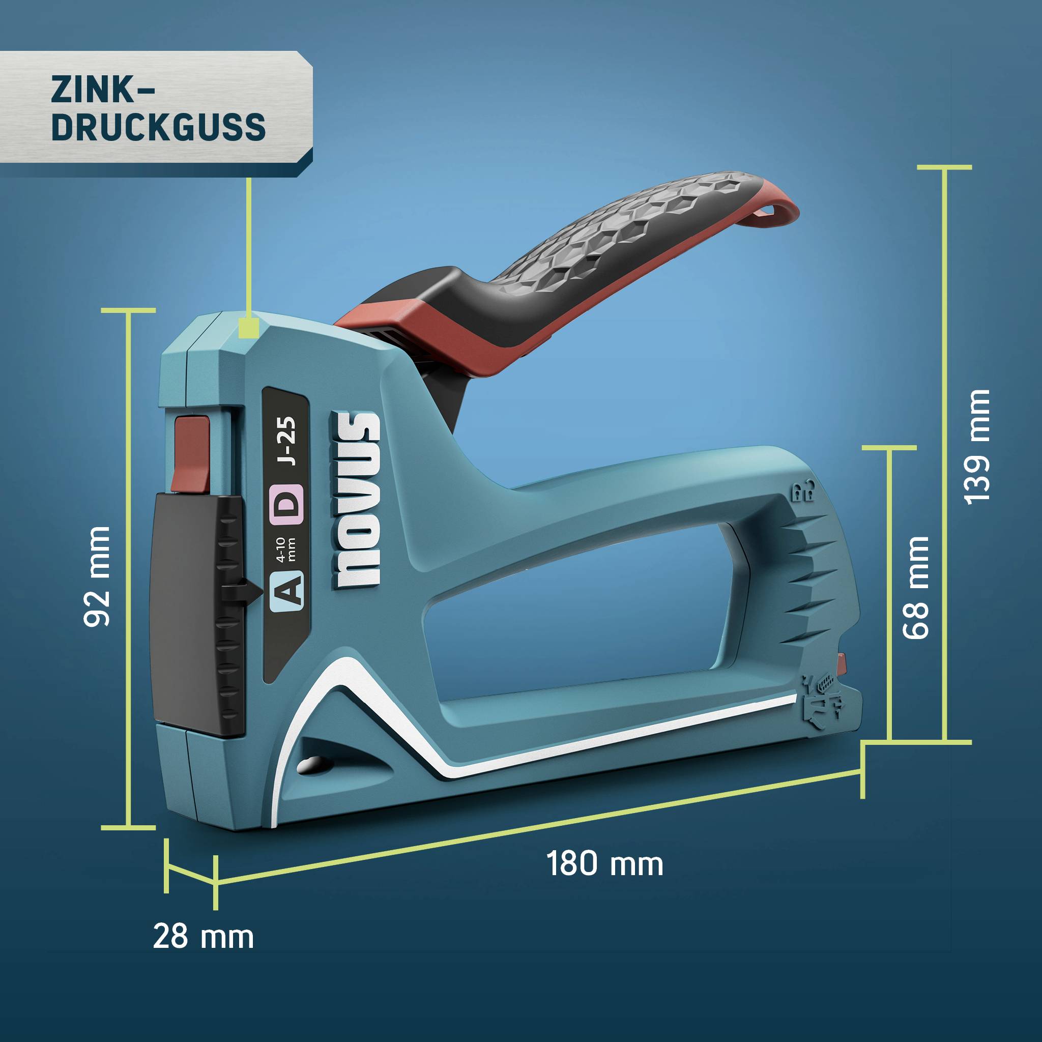 'Novus' Tacker, Model J-25, made of die-cast zinc. Dimensions: Height 92 mm, Width 180 mm, Depth 28 mm. Grip length 139 mm, Grip height 68 mm.