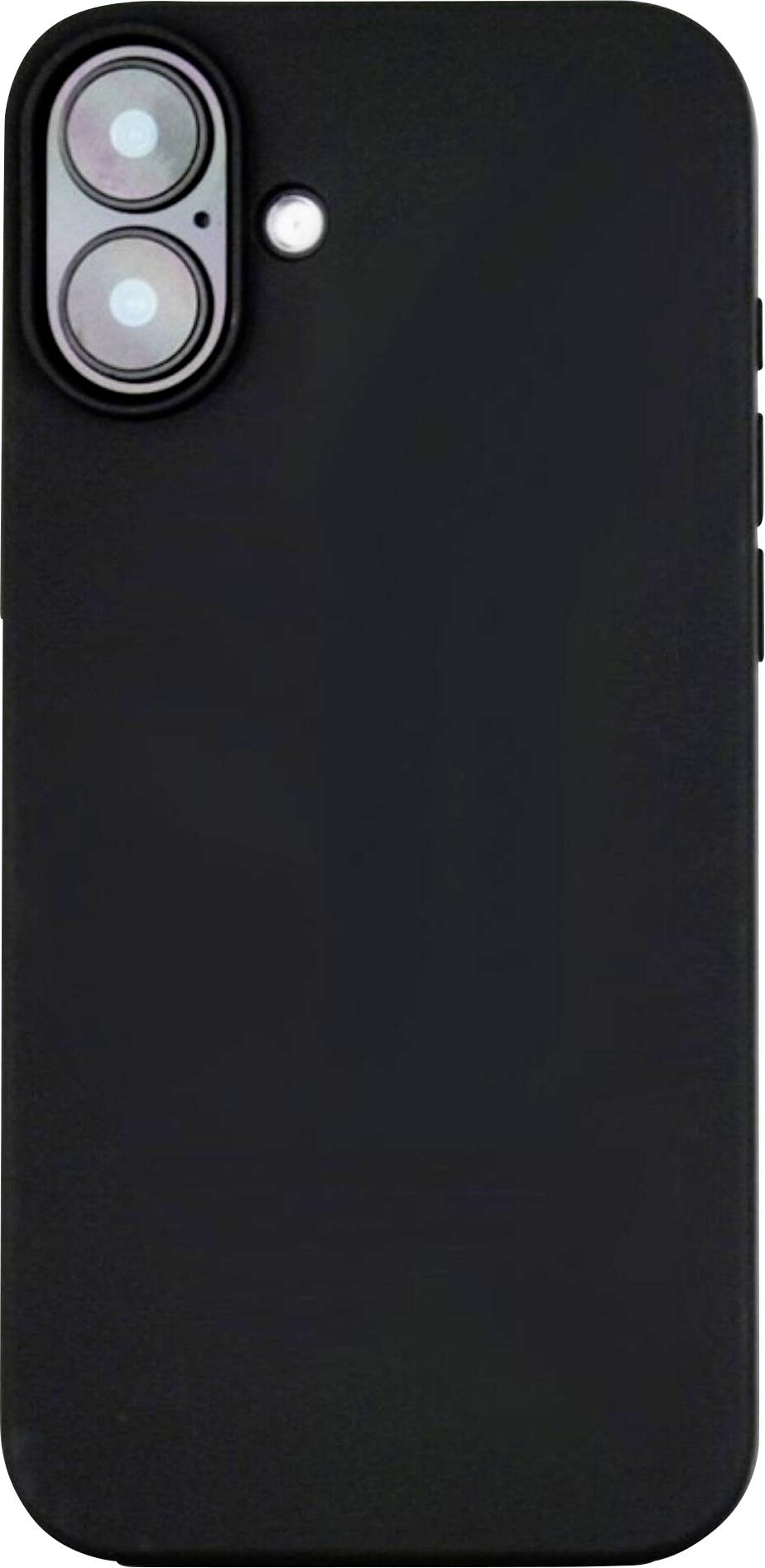 Black smartphone with two camera lenses in the top left corner and a flash, viewed from the back.